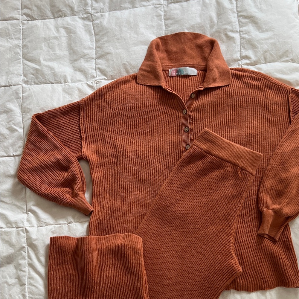 Free People Beach Rust Ribbed pant and shirt set ideal for a bikini cover up